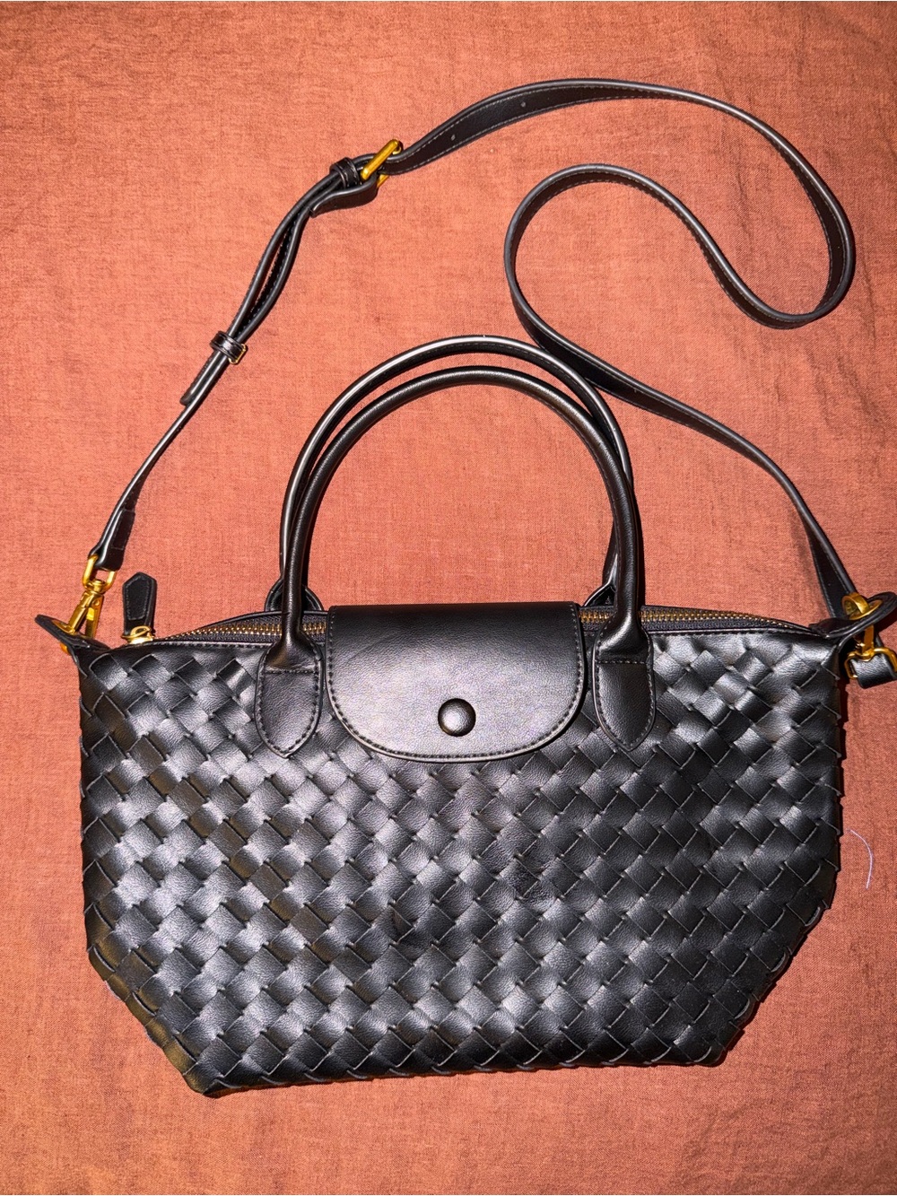 Black Woven Faux Leather Tote Handbag with Strap